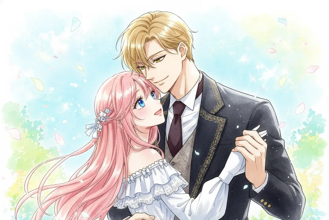 『嫌われ公女は婚約破棄を待つ』の主人公サビナと皇子リカルドが、パステルカラーの柔らかな水彩画風の背景で、優しく微笑みながら踊っているイラスト。サビナはピンクの髪に青い瞳、リカルドは金髪に緑の瞳で、原作の雰囲気そのままに描かれている。