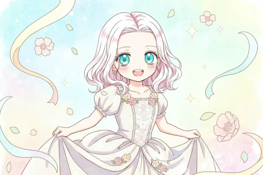 『ループ10回目の王女様』の、原作イメージを忠実に再現した可愛らしいピンクの髪の少女が、優しい笑顔でドレスの裾を持ち、楽しそうにしているイラスト。パステル調の明るい背景に、水彩画タッチで花やリボンが描かれ、爽やかで前向きな印象を与えます。