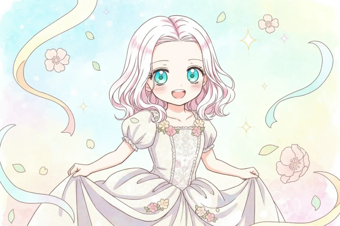 『ループ10回目の王女様』の、原作イメージを忠実に再現した可愛らしいピンクの髪の少女が、優しい笑顔でドレスの裾を持ち、楽しそうにしているイラスト。パステル調の明るい背景に、水彩画タッチで花やリボンが描かれ、爽やかで前向きな印象を与えます。
