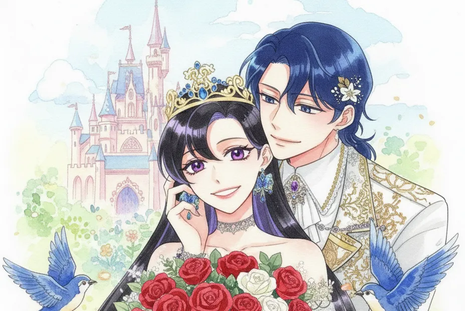 『悪女は今日も楽しい』のアイキャッチイラスト。水彩画タッチで描かれた、原作の衣装をまとった二人のキャラクター（黒髪ロングの女性と青髪の男性）。パステル調の爽やかな背景の中、二人は優しく明るい笑顔で寄り添い、女性が男性の頬に手を添えている。手前には赤いバラの花束が描かれ、幸福感あふれる前向きな雰囲気。