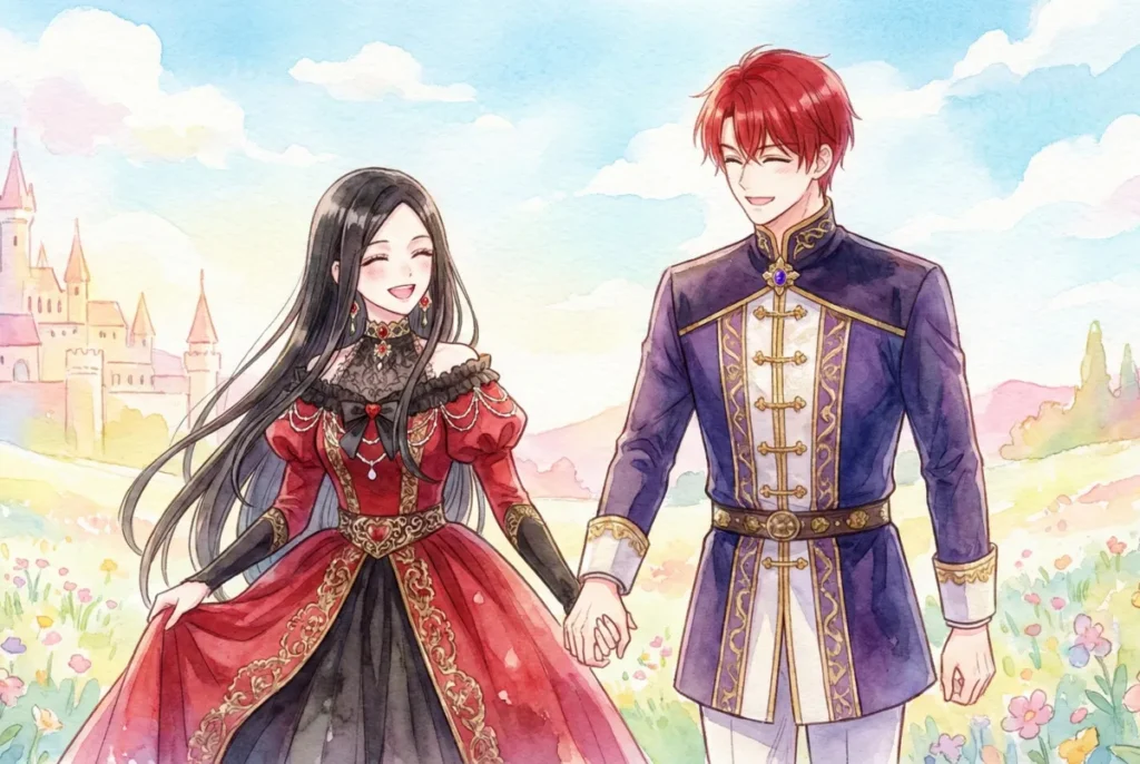 『育児もの小説に長女が憑依したら』のアイキャッチイラスト。水彩画風のタッチで描かれた、赤い髪の男性と黒い髪の女性が手を繋ぎ、優しい笑顔で歩いている。女性は赤と黒の豪華なドレス、男性は紺と金の tunic を着用。背景はパステルカラーの花畑と遠くの城、青空が広がり、明るく爽やかな雰囲気。テキストは一切ない。横長のレイアウト。