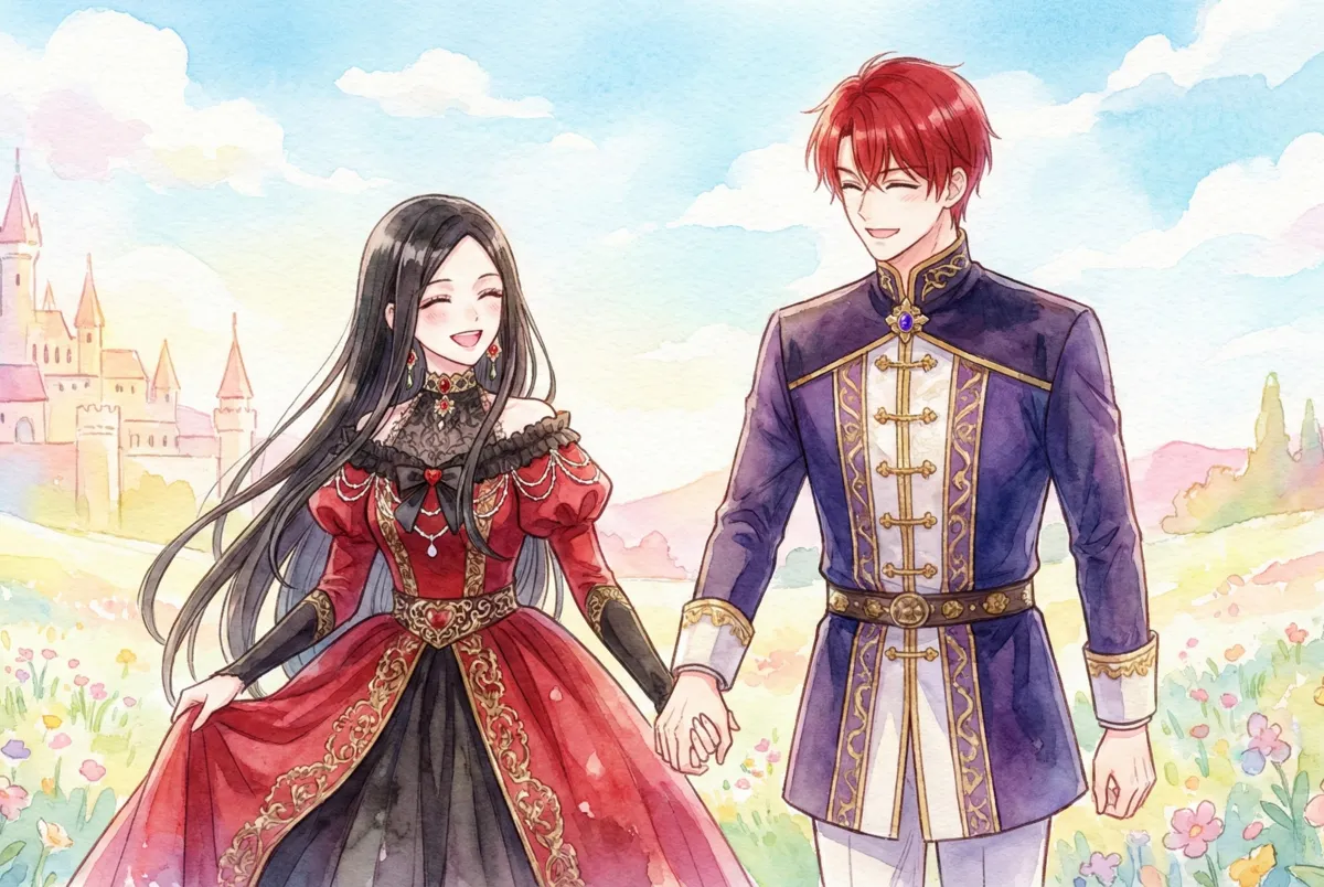 『育児もの小説に長女が憑依したら』のアイキャッチイラスト。水彩画風のタッチで描かれた、赤い髪の男性と黒い髪の女性が手を繋ぎ、優しい笑顔で歩いている。女性は赤と黒の豪華なドレス、男性は紺と金の tunic を着用。背景はパステルカラーの花畑と遠くの城、青空が広がり、明るく爽やかな雰囲気。テキストは一切ない。横長のレイアウト。