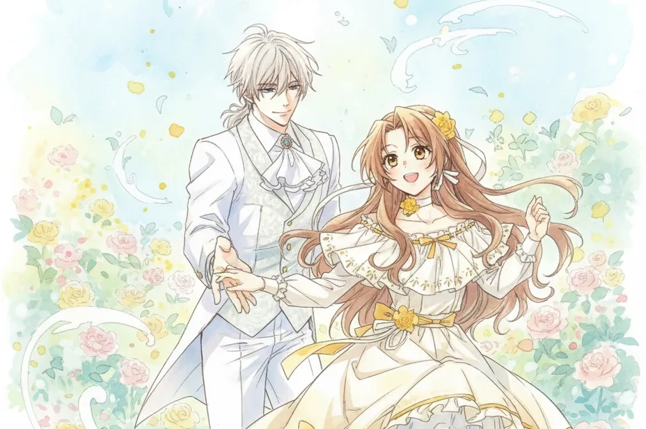 「できるメイド様」の主人公である金髪の女性と、白髪の男性が描かれた水彩画風のイラスト。女性は明るい笑顔で舞い踊るようなポーズをとり、男性は優しく微笑んで彼女の手を取っている。背景にはパステル調の色合いで描かれたバラの花が咲き乱れ、全体的に爽やかで前向きな雰囲気が表現されている。