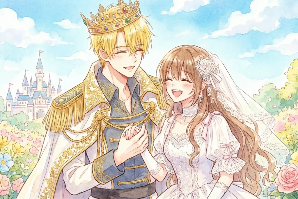 『陛下、今度は殺さないでください』の横長アイキャッチイラスト。パステル調の水彩画タッチで描かれた明るく幸せな雰囲気。金髪の皇帝と茶髪の花嫁が手を繋ぎ、優しく笑顔を交わしている。二人は満開の花畑に立ち、背景には青空と遠くの城が見える。テキストは一切ない。