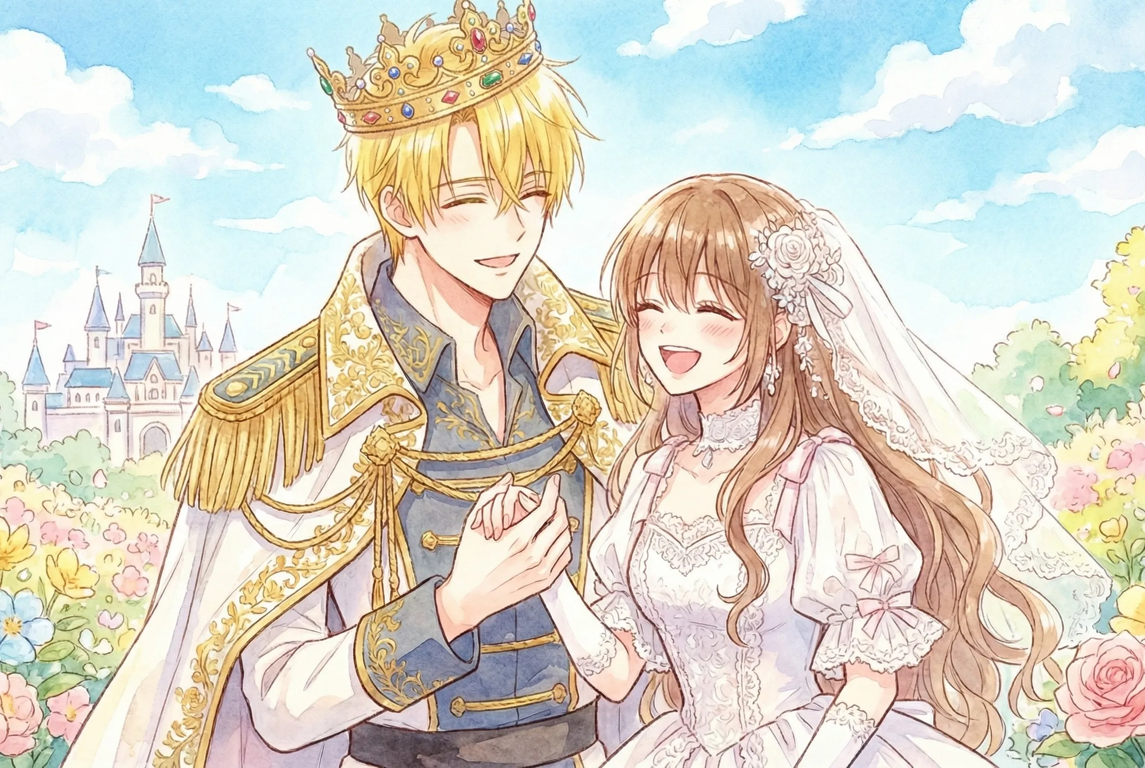 『陛下、今度は殺さないでください』の横長アイキャッチイラスト。パステル調の水彩画タッチで描かれた明るく幸せな雰囲気。金髪の皇帝と茶髪の花嫁が手を繋ぎ、優しく笑顔を交わしている。二人は満開の花畑に立ち、背景には青空と遠くの城が見える。テキストは一切ない。