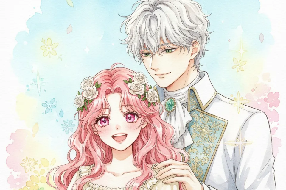 パステルカラーの明るい背景に、水彩画タッチで描かれたピンク髪の女性と白髪の男性のイラスト。女性は花飾りをつけ、フリルのドレスを着て優しく明るい笑顔を浮かべている。男性は白い燕尾服のような衣装で、女性の肩に手を置き、穏やかに微笑んでいる。
