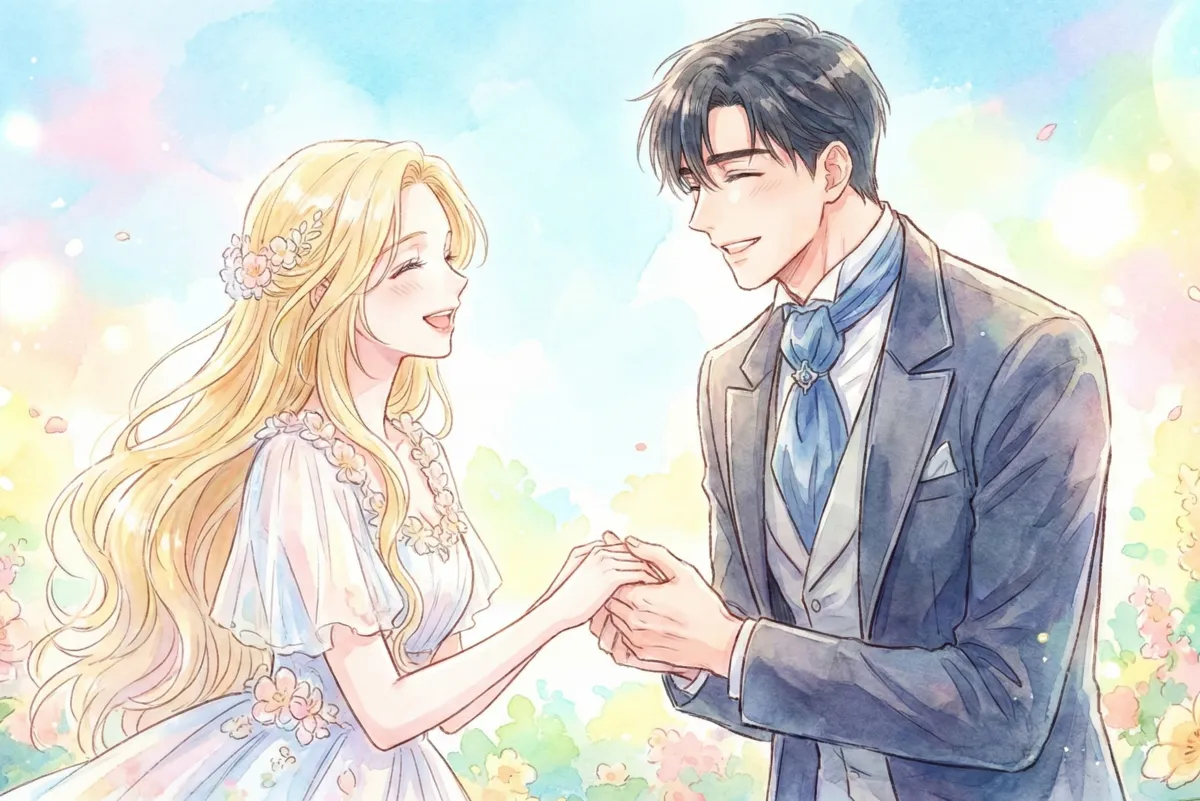 『生き残った王女の笑顔の裏には』のキャラクターである金髪の王女と黒髪の男性が、柔らかなパステル調の水彩画風イラストで描かれています。二人は花々に囲まれた明るい庭園で手を取り合い、互いに優しく微笑み合いながら見つめ合っています。温かく幸せな雰囲気に包まれたアイキャッチ画像です。