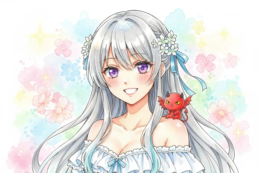 白い長髪で紫の瞳を持つジゼルが、水色のフリルが特徴的な肩出しのドレスをまとい、優しく明るい笑顔を浮かべているイラスト。肩には小さな赤いドラゴンがちょこんと乗っている。背景はパステルカラーの水彩画タッチで描かれた花々で飾られ、爽やかで前向きな雰囲気。