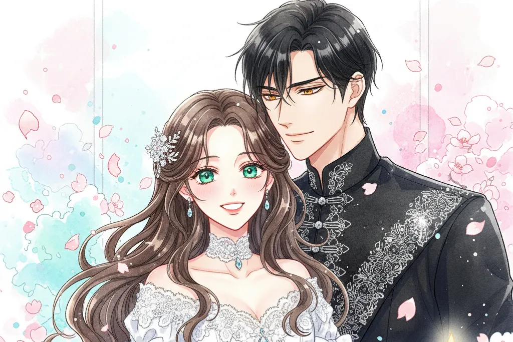 白いフリルとレースのドレスを着てにっこり微笑む茶髪の女性シエナと、黒い豪華な装飾の衣装を身につけた黒髪の男性アシエルが優しく寄り添っている。背景はパステルピンクと水色の水彩画風で、桜の花びらが舞い、手前には金色に輝く燭台が置かれている。全体的に明るく爽やかな手書き風イラスト。