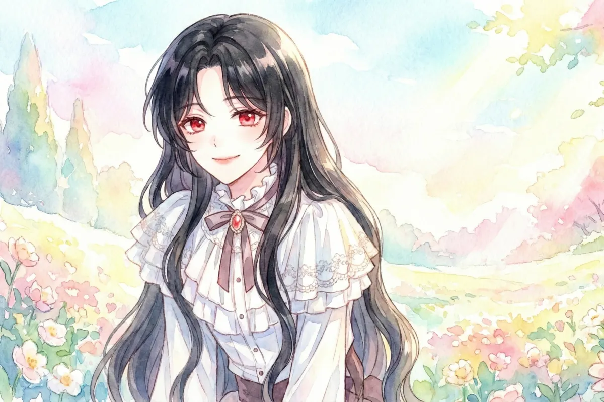 水彩画風の優しいタッチで描かれた、豊かな黒髪と赤い瞳を持つ女性のイラスト。彼女はフリルのあしらわれた白いブラウスにリボンタイを身に着け、光の差し込むパステルカラーの明るい背景の中に佇んでいる。以前のような鋭利な物は持たず、穏やかで晴れやかな笑顔を浮かべており、物語の「呪いが解けた」後のような幸福で前向きな雰囲気が漂う。