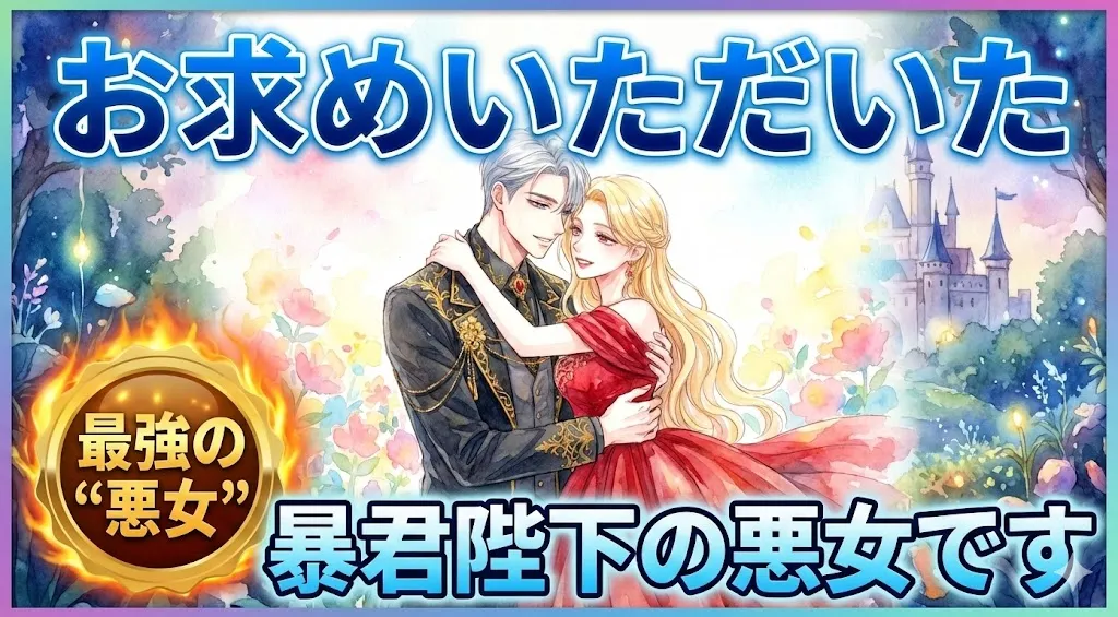 サムネイル画像。上部に大きな青い光沢のある文字で「お求めいただいた」、下部に「暴君陛下の悪女です」と配置されている。中央には、銀髪の男性が赤いドレスを着た金髪の女性を抱きしめている水彩画風のイラストがある。左下には、燃えるような金色のエンブレムに「最強の“悪女”」という文字が記されている。背景は幻想的な城と花々が描かれたファンタジーな風景。
