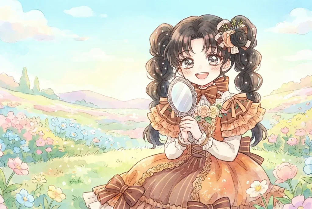 『主人公の養女になりました』の主人公の女の子が、パステルカラーの花畑で幸せそうに微笑んでいる水彩画風のイラスト。黒髪のツインテールに豪華なオレンジ色のドレスを着て、手鏡を手に持ち、明るく爽やかな青空と丘の風景に囲まれている。