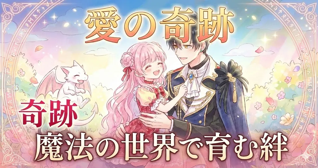 『悪党たちに育てられてます！』のアイキャッチイラストです。黒髪の男性とピンクの髪の少女が、パステル調の明るい花畑でピクニックをしており、二人は優しく幸せそうに微笑み合っています。彼らの周りには白いドラゴンと黒猫も楽しそうにしています。全体は温かみのある水彩画タッチで描かれており、テキストは一切ありません。