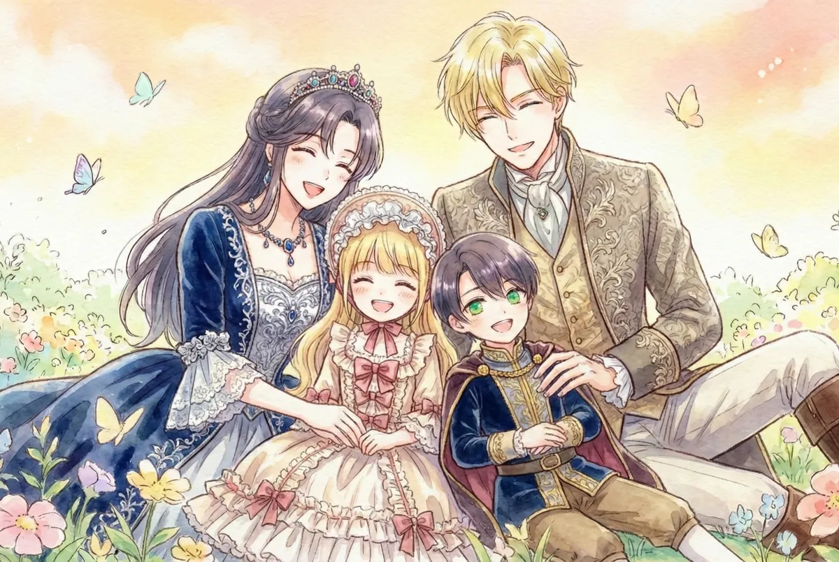 水彩画風のイラストで、花々が咲き乱れる明るい野原に、笑顔でくつろぐ4人家族が描かれています。金髪の父親は豪華な刺繍の入った茶色のジャケットを着て穏やかに微笑み、黒髪の母親は青いドレスとティアラを身につけて優しく微笑んでいます。二人の間には、ピンクのリボンがついたフリルのドレスとボンネットをかぶった金髪の娘と、青と金の装飾的な服を着た黒髪の息子が、満面の笑みで座っています。周囲にはパステルカラーの花と蝶が舞い、温かく幸せな雰囲気が漂っています。