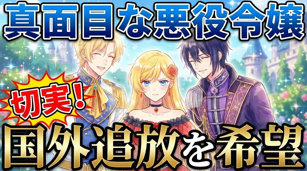 上部に青い文字で「真面目な悪役令嬢」、下部に金の文字で「国外追放を希望」と大きく書かれている。中央左には赤と黄色の吹き出しで「切実！」と強調されている。中央の金髪の女性（悪役令嬢）は真剣で切迫した表情をしており、その両脇にいる二人の男性キャラクターは笑顔で立っている。背景はキラキラとしたファンタジー風の城と庭園。