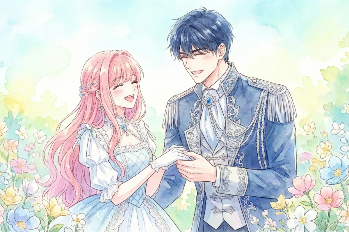 水彩画タッチで描かれた『死に際の悪女が生き延びる方法』のイメージイラスト。ピンク色の長い髪をしたドレス姿の女性と、黒髪で青い軍服風の正装をした男性が、パステルカラーの花々が咲く明るい背景の中で手を取り合い、幸せそうに微笑んでいる爽やかな横長画像。