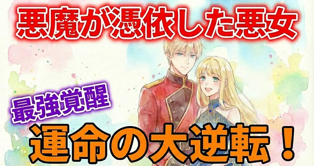 ブログ用アイキャッチ画像。上部に赤字で「悪魔が憑依した悪女」、下部にオレンジ色で「運命の大逆転！」、左側に紫色で「最強覚醒」と書かれている。背景は水彩画風で、赤い軍服を着た金髪の男性と、青いドレスを着て微笑む金髪の女性が寄り添っているイラスト。