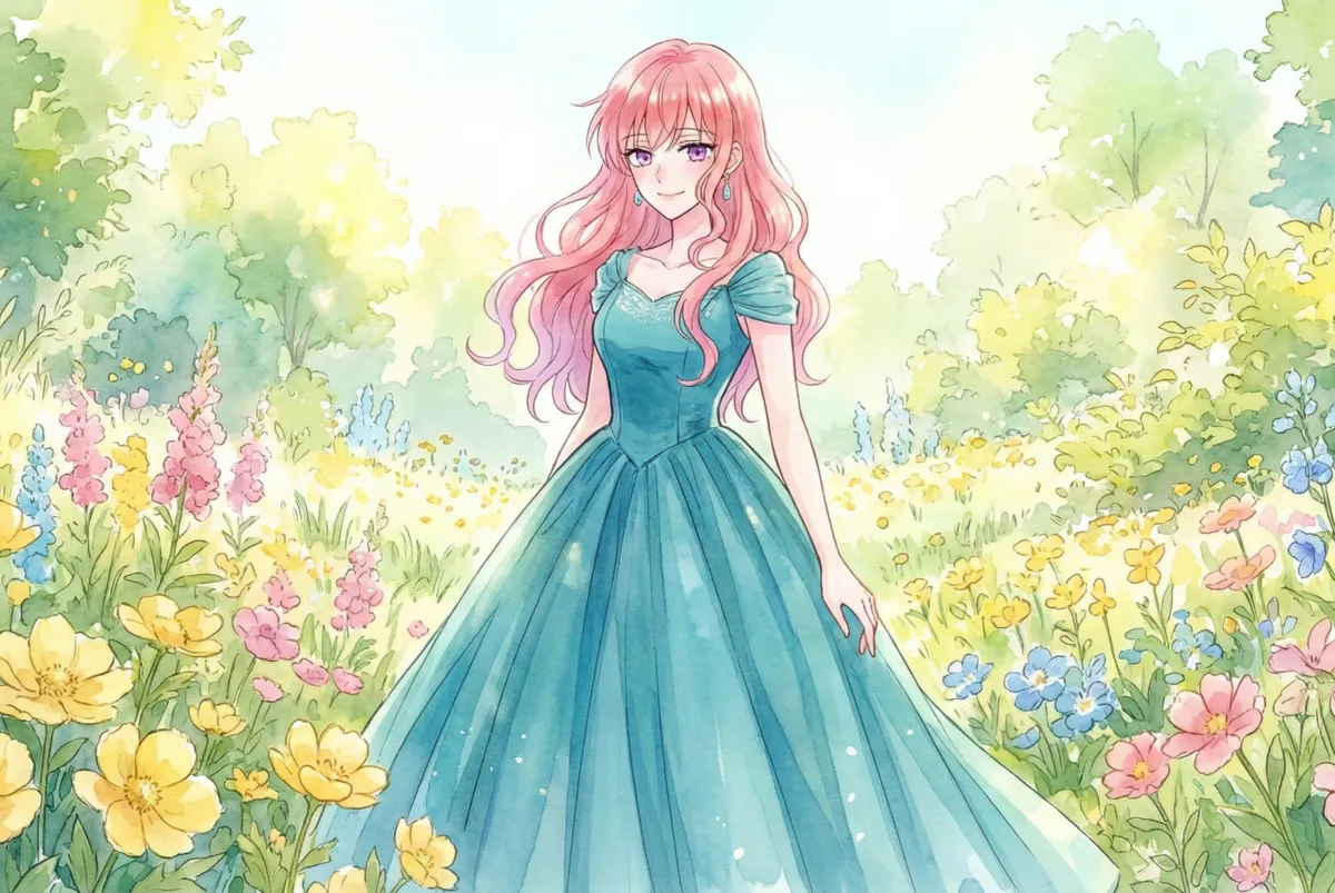 ピンク色の長い髪と紫の瞳を持つ若い女性が、ターコイズブルーのロングドレスを着て微笑んでいる水彩画風のイラスト。彼女は黄色、ピンク、青の色とりどりの花が咲き乱れる豊かな花畑の中に優雅に立っており、背景には緑豊かな木々が広がっている。