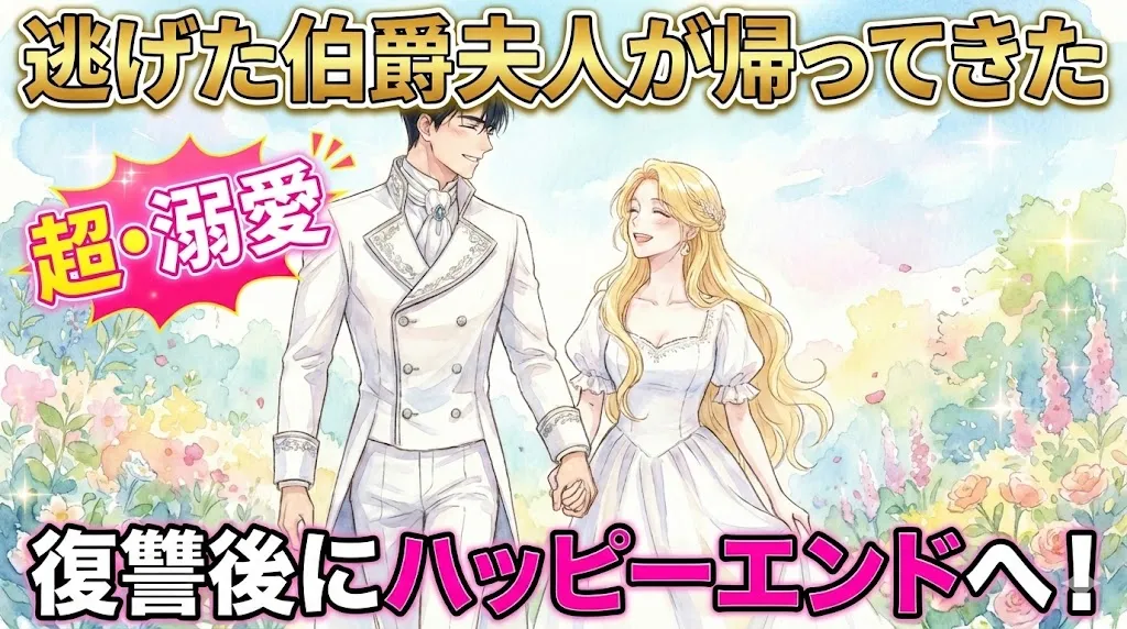 水彩画風のファンタジーな庭園で、白い礼服を着た黒髪の伯爵と白いドレスを着た金髪の夫人が手をつなぎ、幸せそうに見つめ合っているイラストのアイキャッチ。画面上部には金色の大きな文字で「逃げた伯爵夫人が帰ってきた」、下部にはピンクの縁取りの大きな白い文字で「復讐後にハッピーエンドへ！」と書かれている。二人の左側には、ピンクの吹き出しに黄色い文字で「超・溺愛」と強調されている。背景は青空と色鮮やかな花々で、全体的に明るく祝福された雰囲気。