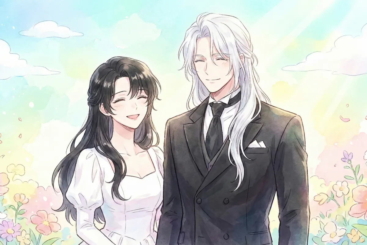 水彩画のような優しいタッチで描かれた、ウェブトゥーン『黒幕を捨てるのに失敗しました』のアイキャッチ風イラスト。長い銀髪にダークスーツを纏った男性と、ウェーブのかかった黒髪に白いドレスを着た女性が、明るい陽射しの中で穏やかに微笑みながら並んでいる。背景は青空や花畑を思わせるパステル調の色合いで、二人の幸福で前向きな未来を予感させる、爽やかな雰囲気に包まれている。