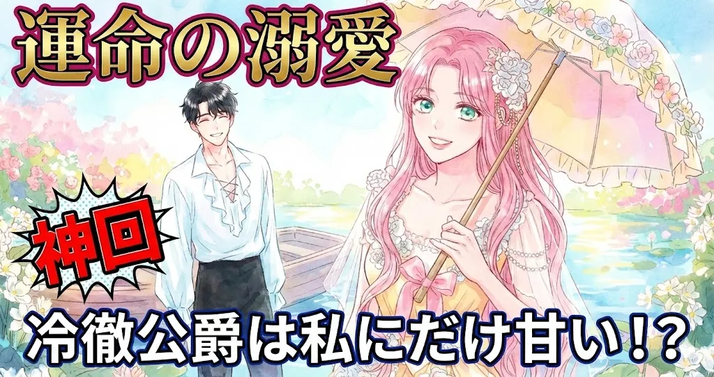 パステルカラーの明るい水彩画で描かれた『シスコン夫と離婚します！』のアイキャッチイラスト。ピンク髪の女性と黒髪の男性が、花咲く池のほとりで優しく微笑んでいる。背景にはボートと蓮の花があり、テキストは一切ない。