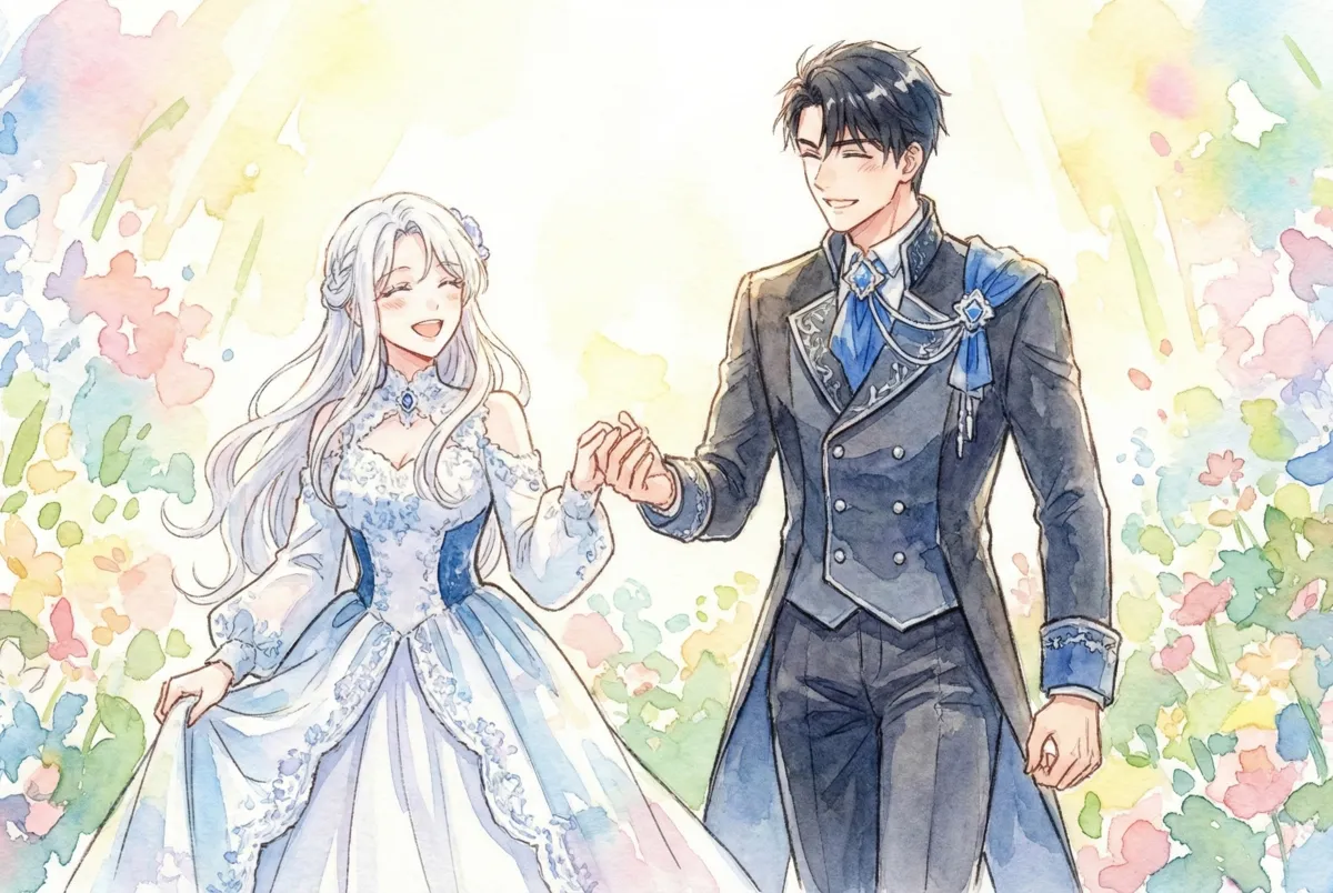 水彩画タッチで描かれた、銀髪の女性と黒髪の男性が手をつないで笑顔で歩いているイラスト。女性は青と白の装飾が施されたドレス、男性は青い装飾のある濃紺のスーツを着ている。背景はパステルカラーの花々や光が柔らかく広がる明るく幻想的な庭園で、全体的に幸せで希望に満ちた、前向きな雰囲気が表現されている。