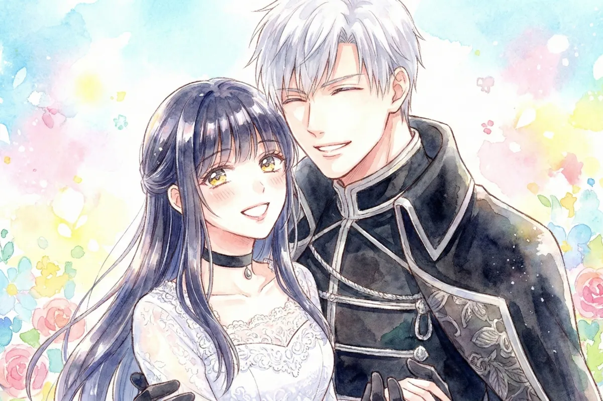 水彩画タッチで描かれた、銀髪の青年と濃い紫色の髪を持つ女性の横長イラスト。二人は寄り添い、優しく幸せそうな満面の笑顔を浮かべている。男性は黒を基調とした騎士風の衣装、女性はフリルのついた白いドレスを着用。背景はパステルカラーのピンクや水色、黄色が滲む明るく爽やかな抽象的な花畑のようなイメージで、全体が温かく前向きな雰囲気に包まれている。