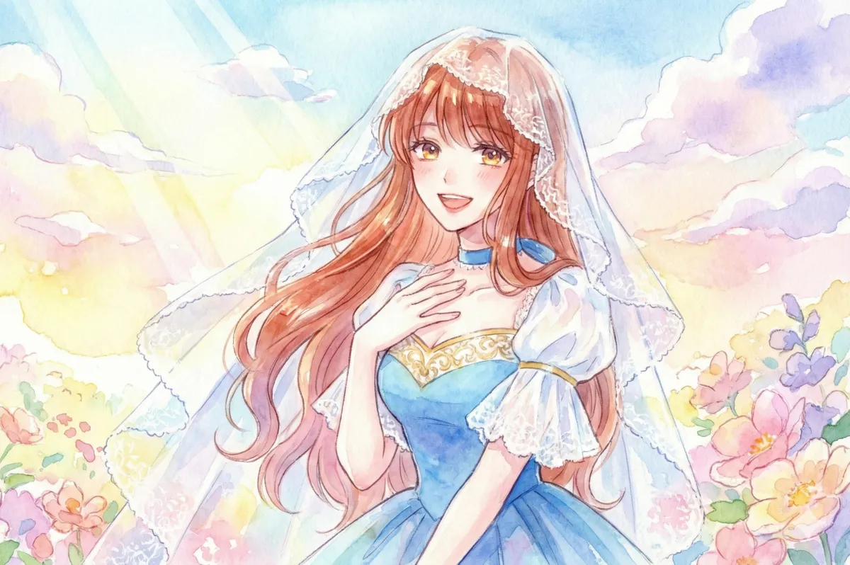 水彩画タッチで描かれた、青いドレスと白いベールの女性が、パステルカラーの花畑と虹がかかる明るい空の下で優しく微笑んでいる、横長のアイキャッチイラストです。