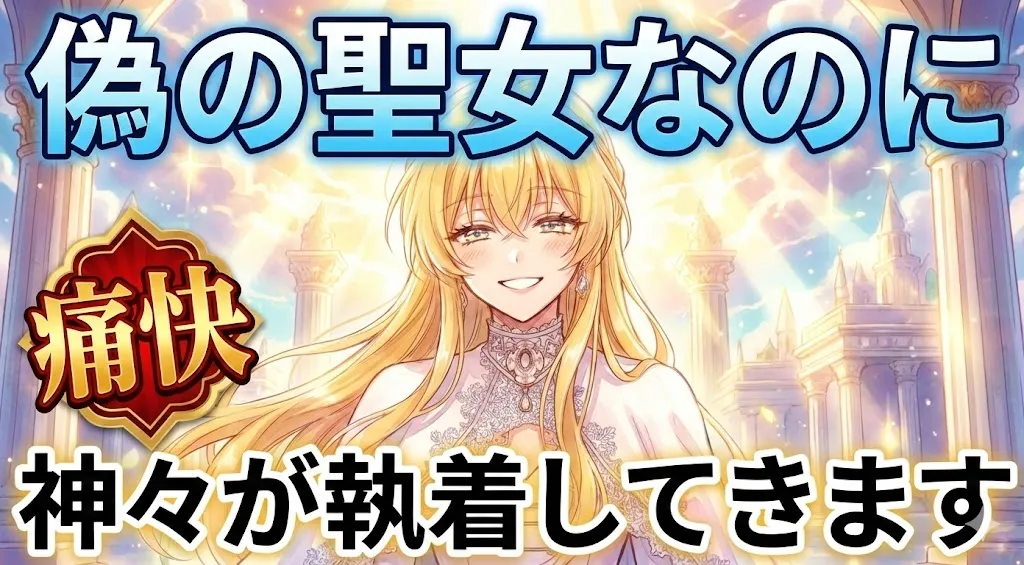 中央には、輝くファンタジーの神殿を背景に、白いドレスを着た金髪の女性キャラクターが笑顔で立っている。画面上部には青いグラデーションの文字で「偽の聖女なのに」と大きく書かれている。画面下部には黒い文字で「神々が執着してきます」と配置されている。画面左側には、赤と金のバッジのようなデザインで「痛快」という文字が強調されている。全体的に明るく、ファンタジーとコメディ要素を感じさせるデザイン。