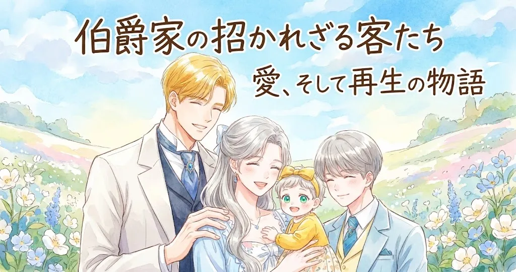 『伯爵家の招かれざる客たち』のアイキャッチイラスト。金髪の父親、銀髪の母親、銀髪の息子、金髪の赤ちゃんの家族4人が、花畑と青空を背景に笑顔で寄り添う様子が、温かい水彩画タッチで描かれている。上部にタイトル『伯爵家の招かれざる客たち』と、サブタイトル『愛、そして再生の物語』の文字がある。