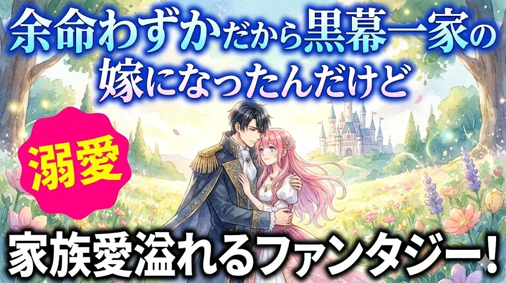アイキャッチ画像。タイトル『余命わずかだから黒幕一家の嫁になったんだけど』が上部に青い文字で、サブタイトル『家族愛溢れるファンタジー！』が下部に白い文字で大きく表示されている。中央のイラストは水彩画風で、黒髪の貴族風の男性がピンク髪の女性を優しく抱きしめており、背景には城と花畑が広がっている。左側の中段には、ピンク色のバッジに黄色い文字で『溺愛』と強調されている。