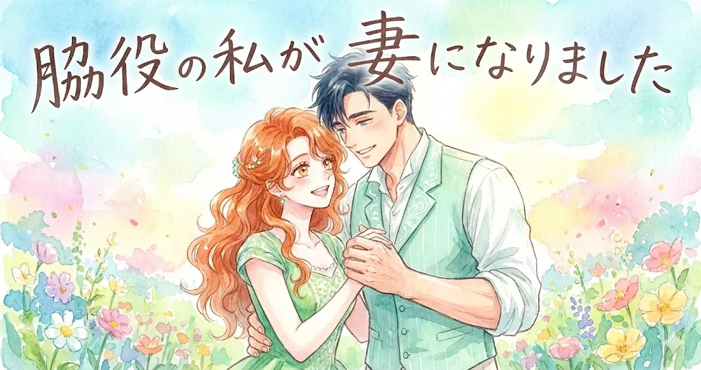 水彩画風の柔らかなタッチで描かれた、『脇役の私が妻になりました』のアイキャッチ画像です。 明るい日差しが差し込む色鮮やかなお花畑の中で、緑色のドレスを着たオレンジ色の長い髪の女性と、白いシャツに薄緑色のベストを合わせた黒髪の男性が、優しく微笑み合いながら手を取り合っているロマンチックなイラストです。画面上部には「脇役の私が妻になりました」というタイトルロゴが配置されています。