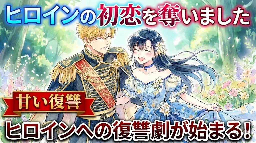 上部に大きな青と赤のグラデーション文字で「ヒロインの初恋を奪いました」、下部に白い文字で「ヒロインへの復讐劇が始まる！」と書かれている。中央には水彩画風のイラストがあり、軍服を着た金髪の男性と青いドレスを着た黒髪の女性が、花が咲く庭園で笑顔で手を取り合っている。左下の赤いリボン状の枠内には「甘い復讐」という金色の文字がある。