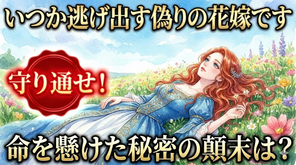 『いつか逃げ出す偽りの花嫁です』のアイキャッチ画像。上部に金色の縁取りがある大きな文字でタイトル、下部に同じスタイルで「命を懸けた秘密の顛末は？」というサブタイトルが配置されている。中央左には赤いリボンバッジの中に「守り通せ！」という赤い文字のパワーワードがある。背景は、青いドレスを着た赤毛の若い女性が、色とりどりの花が咲く草原に横たわり、空を見上げている水彩画風のイラスト。