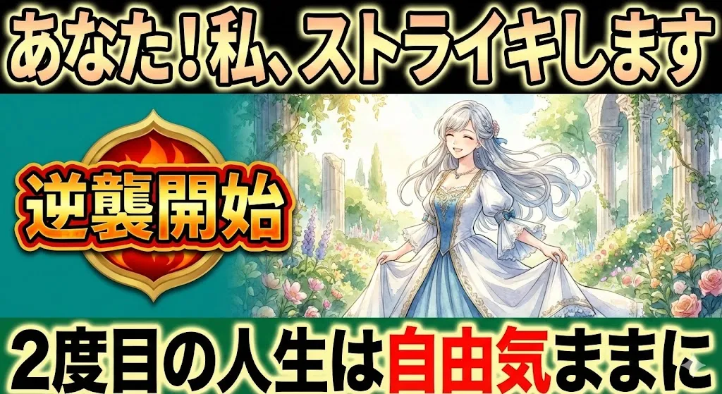 ファンタジー風の庭園で微笑む銀髪のドレス姿の女性のイラスト。上部に大きな黄色い文字で『あなた！私、ストライキします』、下部に『２度目の人生は自由気ままに』とあり、『自由』の文字が赤く強調されている。左側には赤と金のエンブレムで『逆襲開始』と書かれたパワーワードが配置されている。全体的に明るく、女性の再起と自由をテーマにした物語の動画サムネイル。