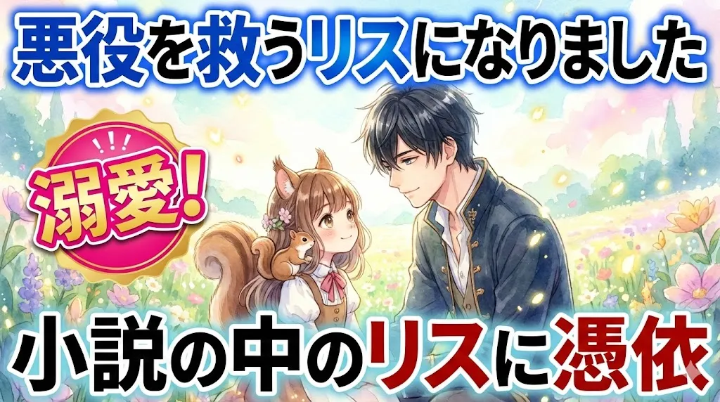 『悪役を救うリスになりました』という青い大きなタイトルと、『小説の中のリスに憑依』という赤いサブタイトルが配置されたアイキャッチ画像。左側には『溺愛！』と書かれたピンクのバッジがある。中央のイラストには、リスの耳と尻尾を持つ少女と、その肩に乗る小さなリス、そして少女を優しく見つめる黒髪の男性が、明るい花畑の中に描かれている。