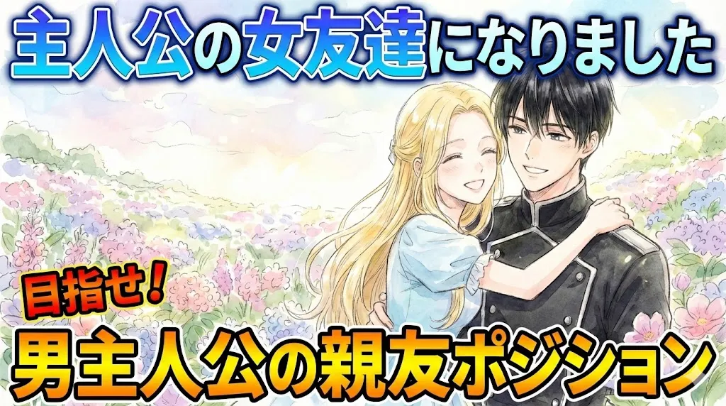 『主人公の女友達になりました』という青いグラデーションのタイトル文字が上部に、オレンジ色のグラデーション文字で『目指せ！ 男主人公の親友ポジション』という文字が下部に配置されたアイキャッチ画像。中央には、金髪の女性と黒髪の軍服風の男性が花畑で寄り添い、笑顔を見せる水彩画風のアニメーションイラストが描かれている。明るくファンタジーな雰囲気。