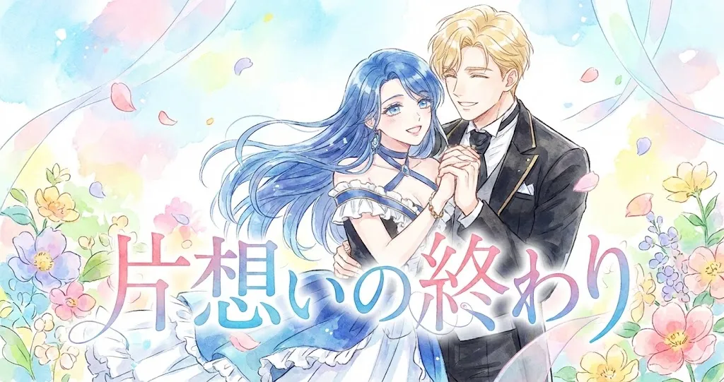 水彩画タッチで描かれた、『片想いの終わり』のアイキャッチイラスト。青い髪の女性と金髪の男性が、幸せそうな笑顔で手を取り合い、見つめ合っている。二人の周りにはピンク、黄色、青のパステルカラーの花々が咲き乱れ、明るく爽やかな背景が広がっている。画像の下部には、水彩文字で「片想いの終わり」とタイトルが記されている。二人の前向きで幸せな雰囲気が伝わってくるイラスト。