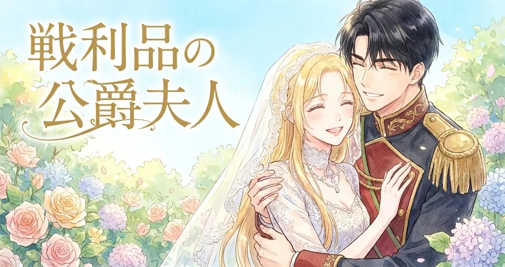 満面の笑みを浮かべて幸せそうに抱き合う金髪の公爵夫人と黒髪の公爵が描かれた、『戦利品の公爵夫人』のアイキャッチイラスト。二人はパステルカラーのバラやアジサイが咲き乱れる明るい庭園に包まれており、手書き風の水彩画タッチが温かく爽やかな雰囲気を醸し出している。左上には金色の文字でタイトル「戦利品の公爵夫人」が配置されている。