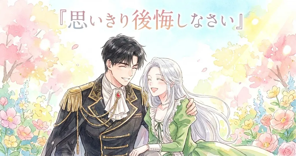水彩画タッチで描かれた、明るく幸せな雰囲気の横長のアイキャッチイラスト。黒髪の男性と銀髪の女性がパステル調の花が咲き乱れる庭園で、互いに寄り添いながら優しく幸せそうな笑顔を見せている。男性は黒い軍服を、女性は緑のドレスを着用しており、二人の周囲は柔らかな光と色彩に包まれている。画面上部には、手書き風のフォントで日本語のタイトル『思いきり後悔しなさい』が描かれている。