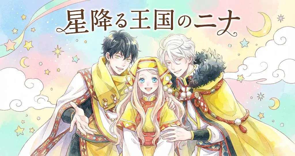 Gemini の回答 『星降る王国のニナ』のアイキャッチイラスト。中央のニナ、左のセト、右のアズールの3人が、温かい水彩画風のタッチで笑顔で寄り添っている。背景はパステルカラーの空に星や月、雲が描かれ、明るく爽やかな雰囲気。上部には「星降る王国のニナ」のタイトルロゴが配置されている。