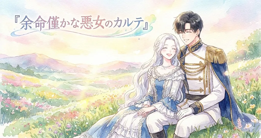 銀髪の女性と黒髪の男性が、色とりどりの花が咲き乱れる草原で寄り添い、穏やかに微笑んでいる水彩画風のイラスト。女性は白と青のドレス、男性は白と青の軍服を着用しており、遠くには山々が見える。画像上部には「『余命僅かな悪女のカルテ』」というタイトルが書かれている。全体的に暖かく、幸せな雰囲気に包まれている。