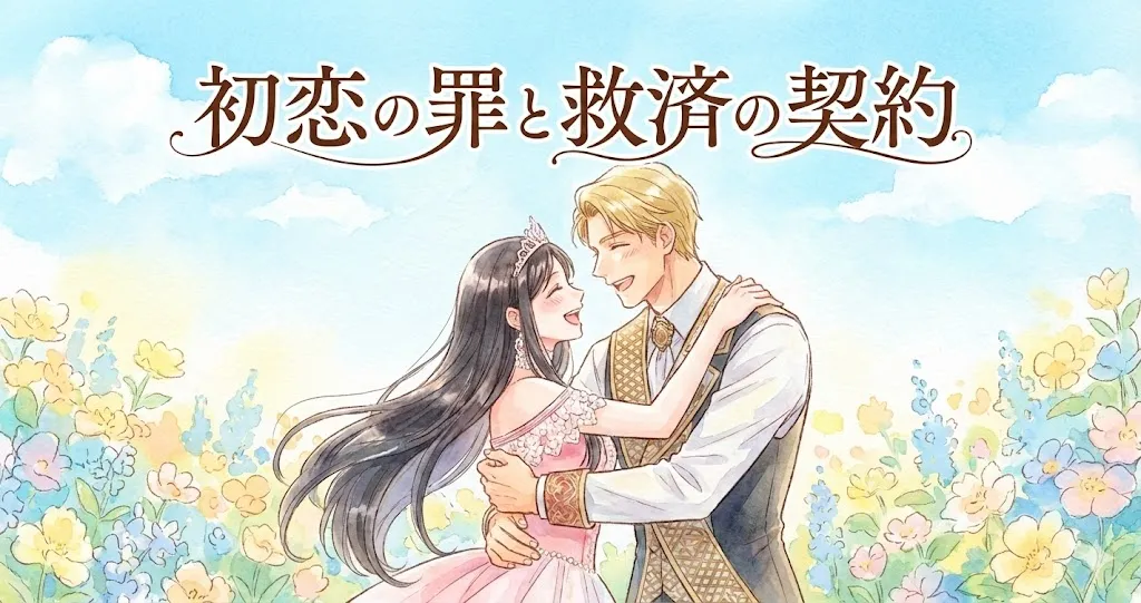 はい、生成された画像の代替テキストは以下の通りです。 ``` 水彩画風の優しいタッチで描かれた、マンガ『初恋の罪と救済の契約』のアイキャッチイラスト。 澄み渡る青空とパステル調の花畑を背景に、ティアラをつけた黒髪の女性（ピンクのドレス）と金髪の男性（装飾的なベスト）が互いに幸せそうな笑顔で見つめ合い、しっかりと抱きしめ合っている。 画面上部には、装飾的な日本語フォントで作品タイトルが配置されている。