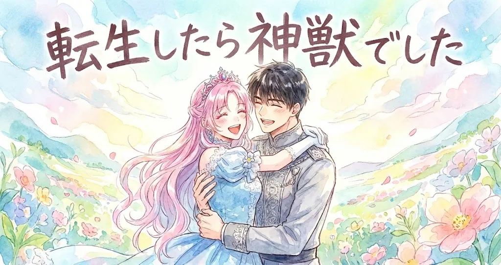 水彩画タッチで描かれた、漫画『転生したら神獣でした』の横長アイキャッチイラスト。ピンク色の長い髪の女性と黒髪の男性が、パステルカラーの花々が咲き乱れる丘と青空を背景に、満面の笑みで幸せそうに抱き合っている。画像上部には、手書き風の茶色い文字で大きくタイトル「転生したら神獣でした」と書かれている。全体的に優しく、明るく爽やかな雰囲気が漂う。
