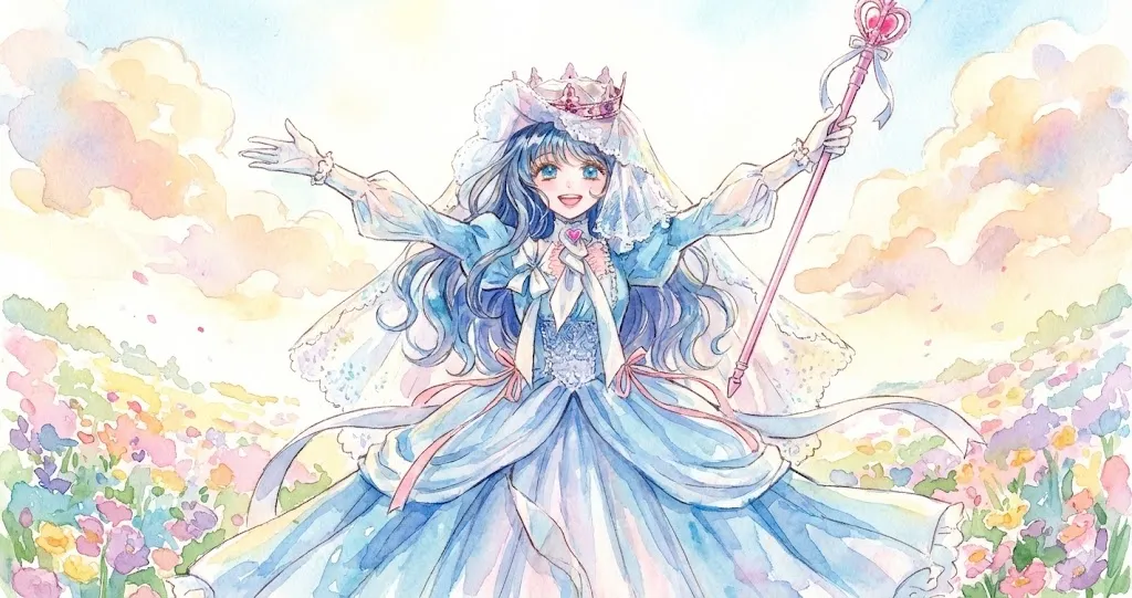 ブログ記事『母が契約結婚しました ネタバレ』のアイキャッチ画像。青いドレスと王冠を身につけた笑顔の女性が、パステル調の花畑と空の背景に水彩画タッチで描かれている。