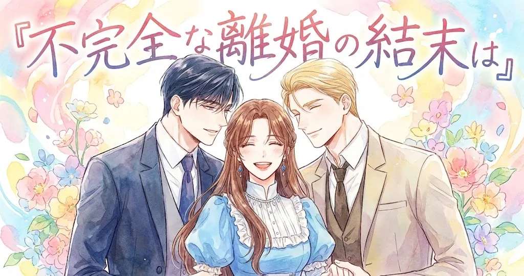 漫画『不完全な離婚の結末は』のアイキャッチイラスト。原作の主要キャラクターである女性と二人の男性が、明るいパステル調の花々と光を背景に、優しく幸せな笑顔で寄り添っている。全体は温かみのある手書きの水彩画風で、画像上部には作品タイトル『不完全な離婚の結末は』が大きく描かれている。横長レイアウトで、爽やかで前向きな雰囲気が表現されている。