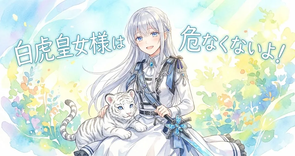 パステル調の水彩画タッチで描かれた横長のアイキャッチイラスト。中央には、白い軍服風のドレスを着た銀髪の白虎皇女が、優しい笑顔で座っている。彼女の膝の上には白い子虎が寄り添っている。背景は明るい水彩画の花々と光で、爽やかで前向きな雰囲気。イラストの上部には、手書き風の白い文字で『白虎皇女様は危なくないよ！』というタイトルが大きく書かれている。