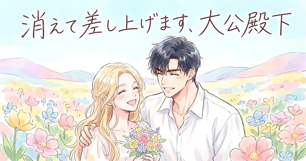 青空の下、パステルカラーの花畑に囲まれて幸せそうに微笑む黒髪の男性と金髪の女性を描いた水彩風イラスト。男性は女性の肩を抱き、女性は小さな花束を手に持っている。二人の表情は明るく穏やかで、温かい雰囲気。画像上部には手書き風のフォントでタイトル『消えて差し上げます、大公殿下』と記されている。