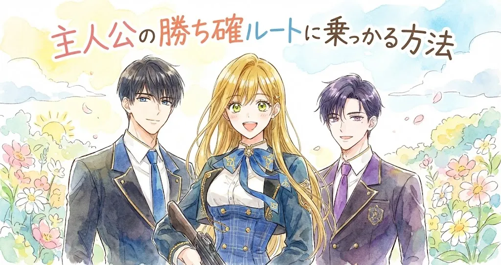 『主人公の勝ち確ルートに乗っかる方法』のアイキャッチイラスト。水彩画のような手書きタッチで、パステルカラーの花畑と青空を背景に、中央で金髪のヒロインが明るく微笑み、その両隣で二人の男性キャラクターも優しく微笑んでいる。全員が青を基調とした学園の制服を着用しており、爽やかで前向きな雰囲気が漂う横長のイラスト。