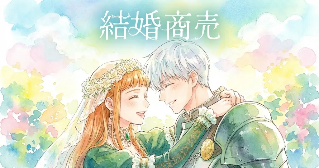 『結婚商売』のアイキャッチイラストです。水彩画のようなタッチで描かれており、パステル調の明るい背景の中央上部に、白い文字で「結婚商売」というタイトルが配置されています。右側に銀髪の騎士、左側にオレンジ色の髪の女性がおり、二人は互いに優しく微笑み合いながら抱きしめ合っています。女性は緑色のドレスと花の冠、男性は緑色の鎧を身に着けています。全体的に温かく、幸せな雰囲気が漂っています。